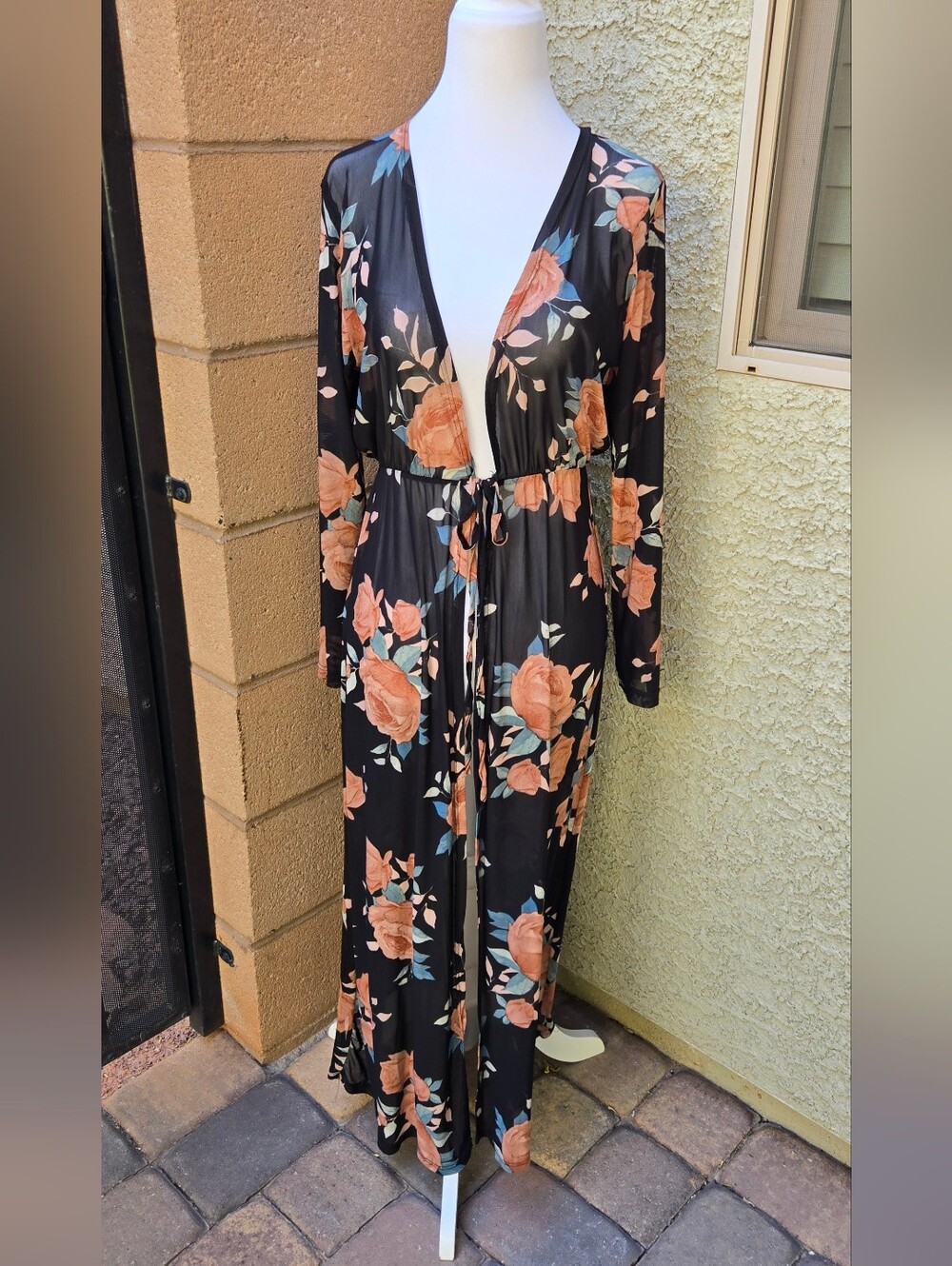 Objex Black Floral Long Sleeve Swim Cover with Peach Roses